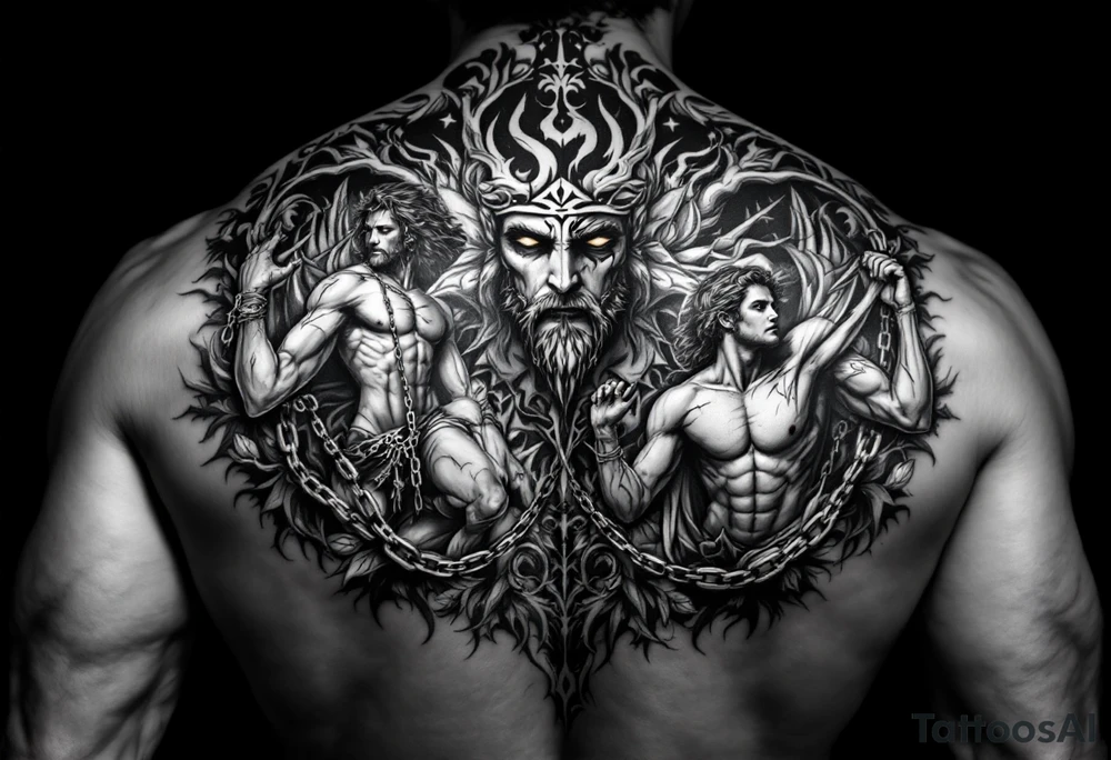 Design a full back tattoo that represents the struggles of betrayal, financial loss, relationship breakup, loss of job, loss of self, and death of a loved one, inspired by Greek mythology and art. The tattoo should be reminiscent of a Greek painting, particularly illustrating the trials of Hercules. Each struggle should be depicted as a symbolic labor, with each one portrayed as a scene on the back. For example:

Betrayal: A scene of a broken, jagged heart surrounded by shadows, with a figure turned away in mistrust.
Financial Loss: A treasure chest overturned, with coins spilling out, and a figure kneeling in despair.
Relationship Breakup: Two intertwined figures tearing apart, with one side showing broken chains or a shattered heart.
Loss of Job: A man in tattered clothing, walking away from a ruined, burning building.
Loss of Self: A figure looking at their shattered reflection in a broken mirror, symbolizing identity lost.
Death of a Loved One: A scene of a person in mourning, standing by a grave, with a winged figure representing the spirit of the deceased.
Ensure the design has an ancient, classical Greek aesthetic, with detailed lines, natural poses, and a narrative flow, similar to the style of ancient Greek pottery or frescoes." tattoo idea