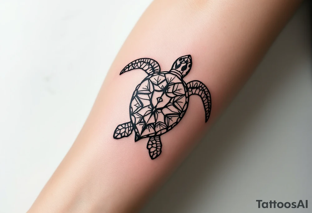 Minimalist fine-line sea turtle – A delicately outlined sea turtle in clean black ink, featuring simple, flowing lines with soft curve details on the shell and flippers. The shell is subtly patterned with geometric or mandala-style elements, creating a calm, elegant, and peaceful ocean-inspired design. tattoo idea