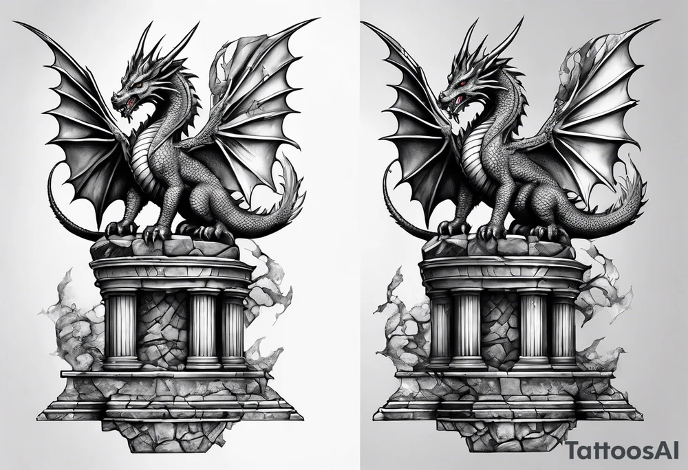 Small Dragon after a war, standing on two broken roman columns with his back to us tattoo idea