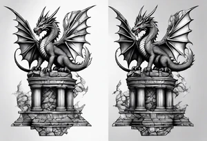 Small Dragon after a war, standing on two broken roman columns with his back to us tattoo idea
