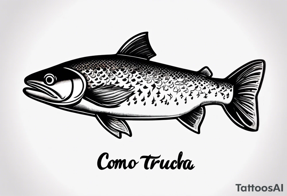 A small tattoo with a shaded trout and text that says, 'Como la trucha...' drawn with fine lines." tattoo idea