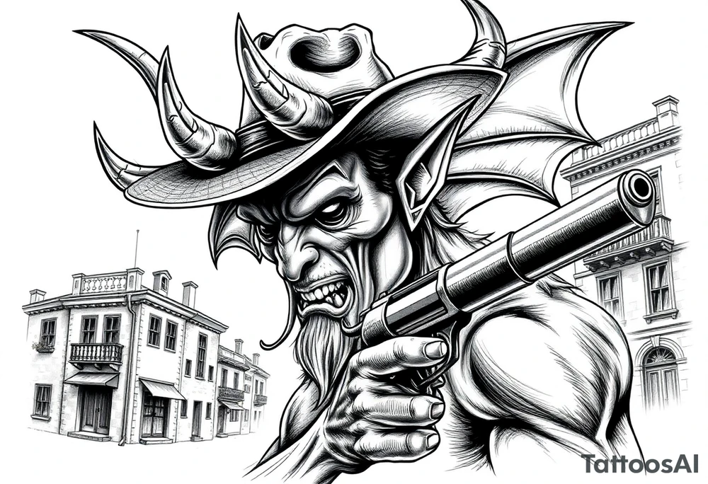 a demon with cowboy-hat ,a gun in a hand, old buildings in the background. tattoo idea
