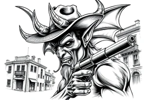 a demon with cowboy-hat ,a gun in a hand, old buildings in the background. tattoo idea