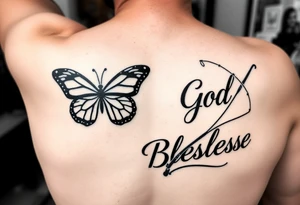 The words No Rush with a monarch butterfly and the words God Bless with a fishing pole. Tattoo is masculine for the upper arm tattoo idea