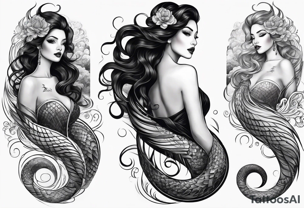 A siren with curly dark hair swimming upward reaching up, with a long tail. Make her tail long straight up and down and visible tattoo idea