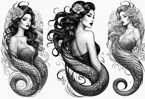 A siren with curly dark hair swimming upward reaching up, with a long tail. Make her tail long straight up and down and visible tattoo idea