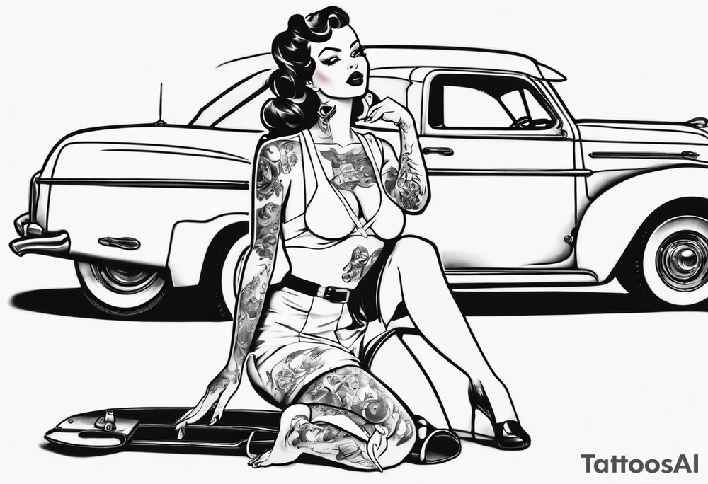 Pinup doll standing next to an old car along the beach tattoo idea
