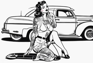 Pinup doll standing next to an old car along the beach tattoo idea