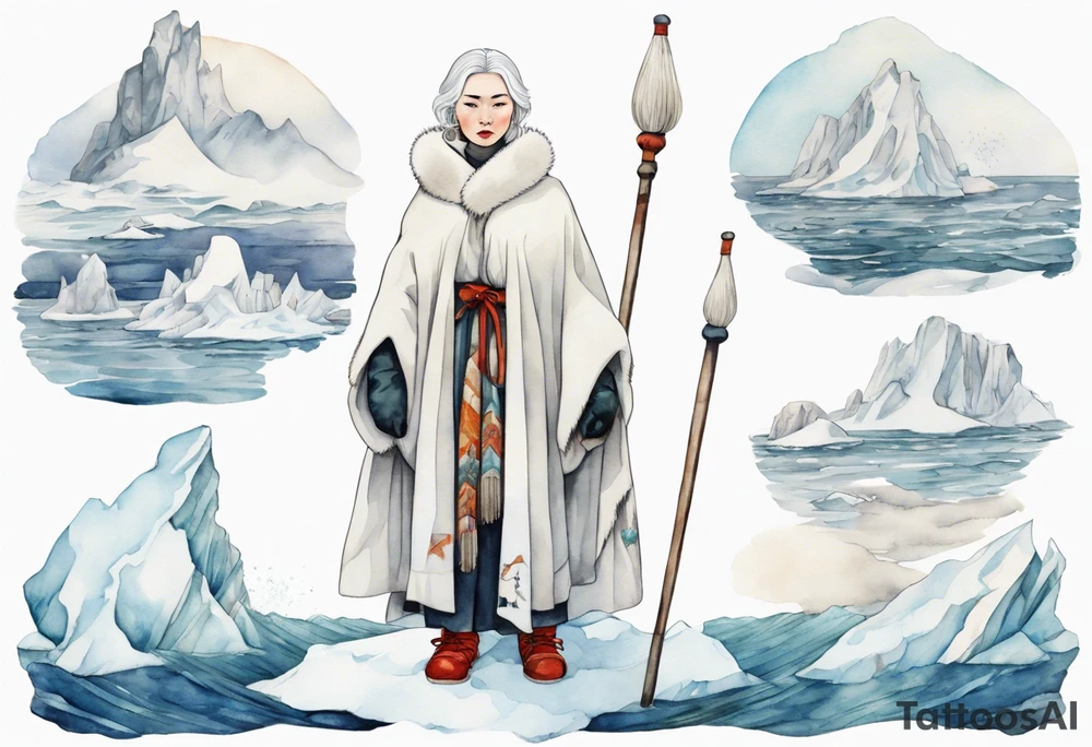 an Inuit woman with white hair, wearing mittens, wearing a white cloak, holding a white staff, wearing mukluks, standing on an iceberg in the sea tattoo idea