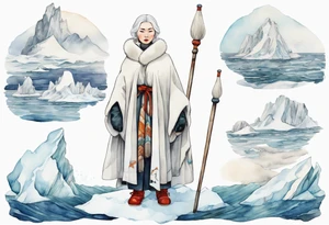 an Inuit woman with white hair, wearing mittens, wearing a white cloak, holding a white staff, wearing mukluks, standing on an iceberg in the sea tattoo idea
