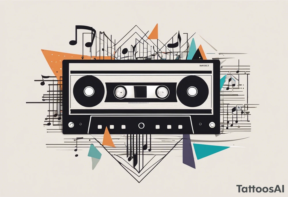 A stylized assembly of various music-related elements. At the center is a cassette tape with realistic details and proportions. It is overlaid with a keyboard, the keys extending outward on one side. There are electric guitars and drums. Intertwined with these are abstract designs, including straight and wavy lines, geometric shapes like triangles, and scientific elements like an atom model. tattoo idea