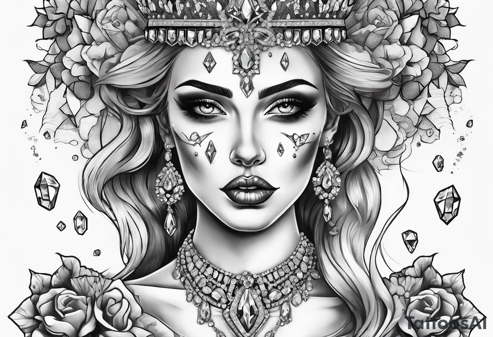 Fancy queen zombie diamonds and gemstones tattoo idea