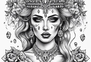 Fancy queen zombie diamonds and gemstones tattoo idea