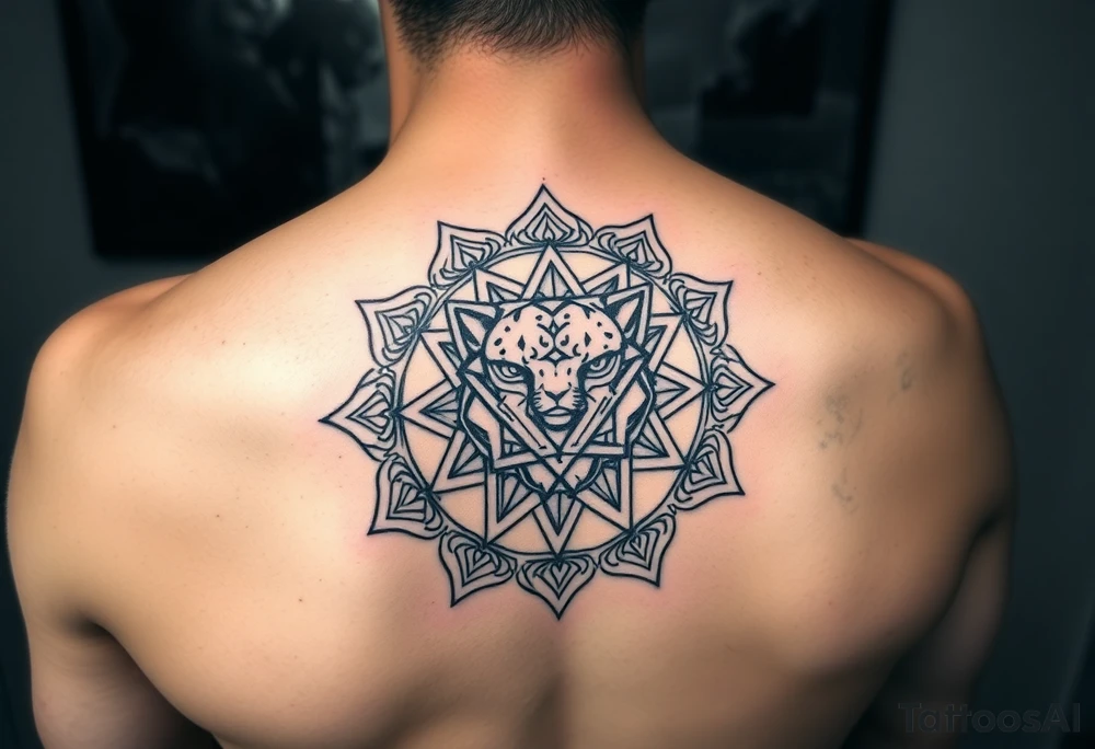 intricate mandala with a sacred panther with geometry and cosmic tattoo idea