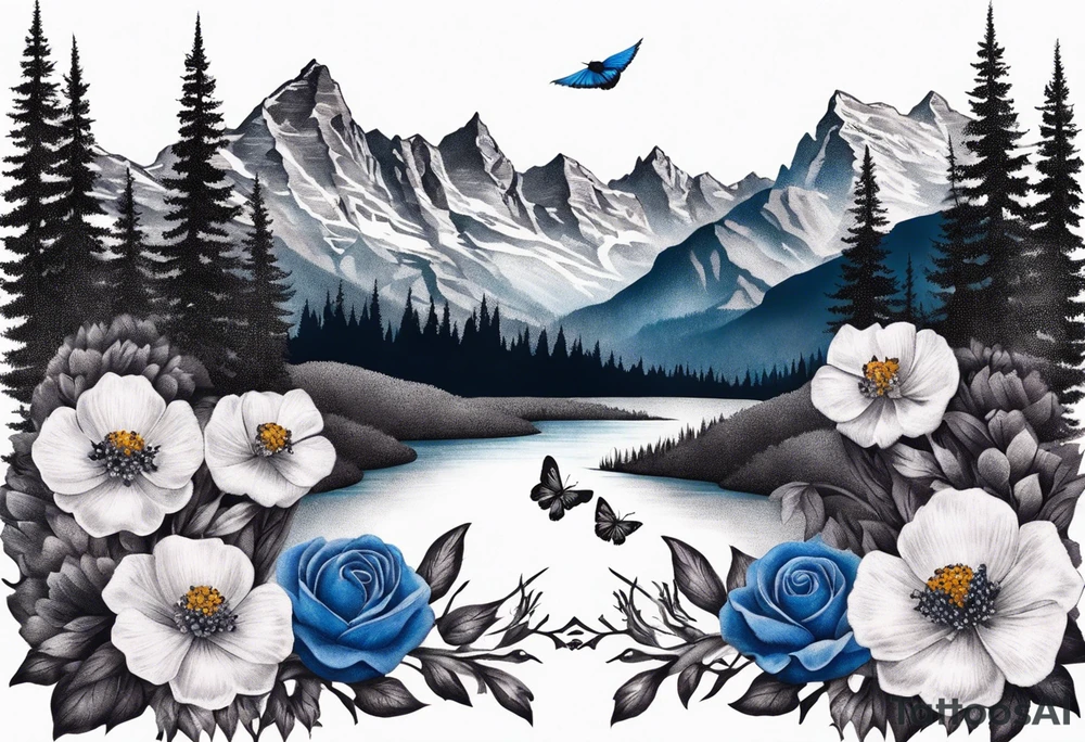 Rocky mountains with mountain blue birds and monarch butterflies with wild prairie roses tattoo idea