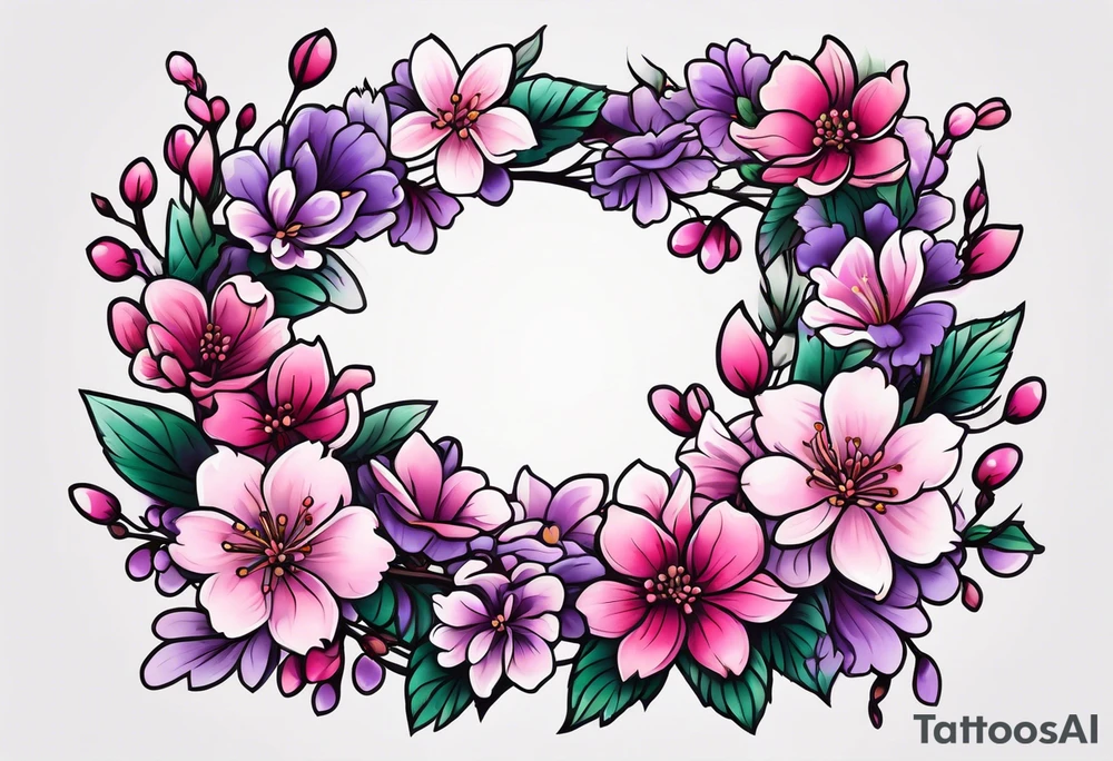 Flower wreath cherry blossoms pinks and purples tattoo idea