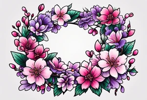 Flower wreath cherry blossoms pinks and purples tattoo idea