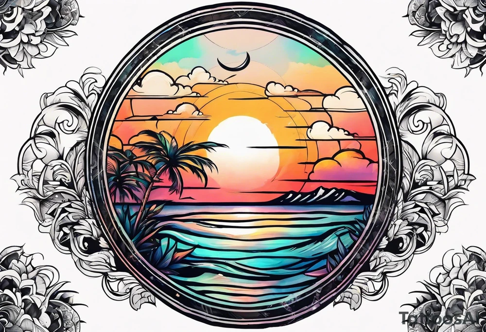 Round tattoo, inside sunset and sea with retro look tattoo idea