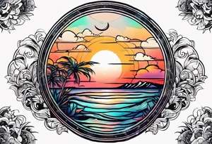 Round tattoo, inside sunset and sea with retro look tattoo idea