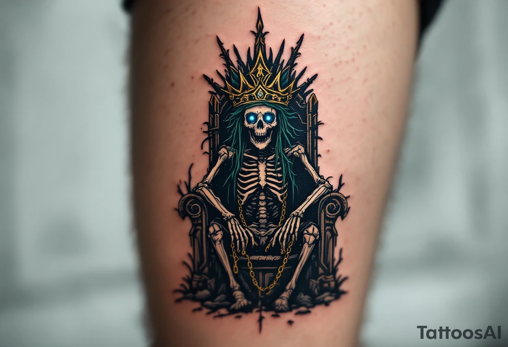 Drowned Pirate King – A skeletal pirate in a decayed, seaweed-covered crown, sitting on a barnacle-crusted throne at the bottom of the sea. His empty eye sockets gleam with deep-sea blue light, and broken golden chains dangle from his wrists. tattoo idea