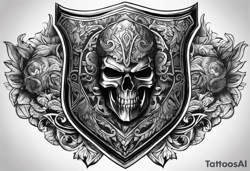 shield shadowy figures inside tattoo idea