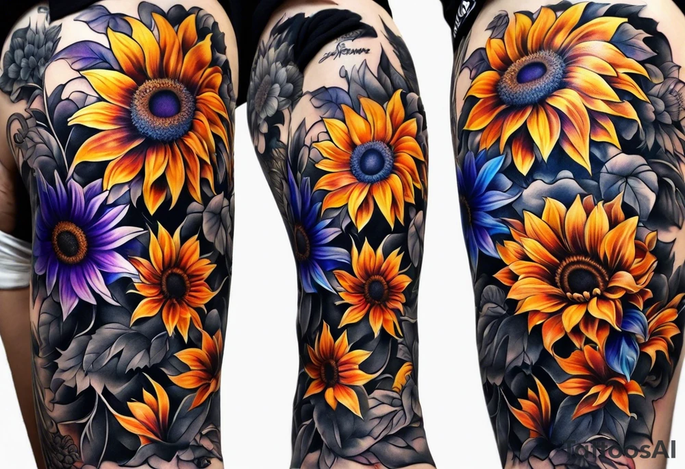 Full leg sleeve with purple, orange and blue sunflowers tattoo idea