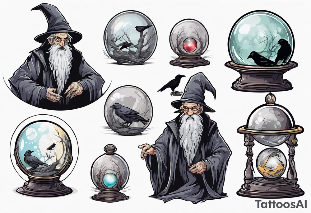 Wicked old wizard with long grey beard and no pupils behind a crystal ball on a table with a raven beside the crystal ball tattoo idea