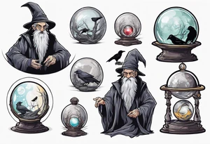 Wicked old wizard with long grey beard and no pupils behind a crystal ball on a table with a raven beside the crystal ball tattoo idea