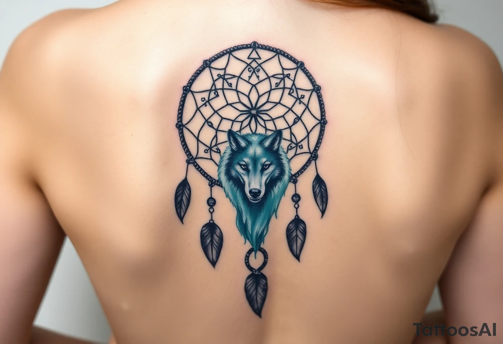 Dreamcatcher with zodiac symbols and protection runes caught in it with wolf teal tattoo idea