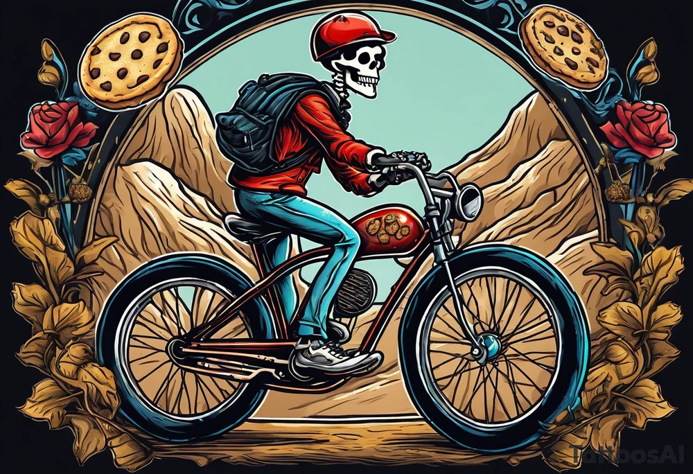 Lifelike skeleton wearing bicycle uniform while riding a road bike. The skeleton is grinning and holding a cookie in its left hand tattoo idea