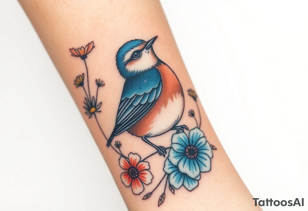 Puffy bluebird surrounded by wild flowers tattoo idea