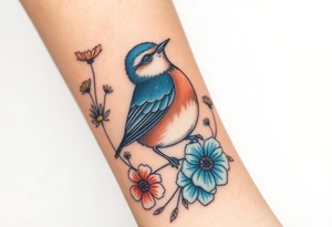 Puffy bluebird surrounded by wild flowers tattoo idea