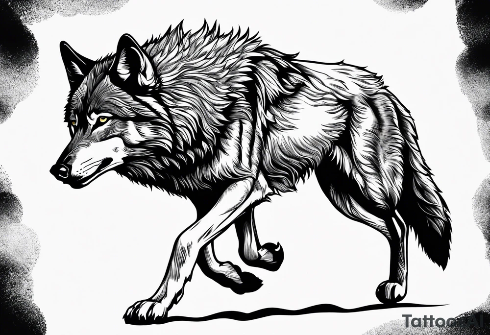 strength, small, running young wolf, elegant, sun, lenghty tattoo idea