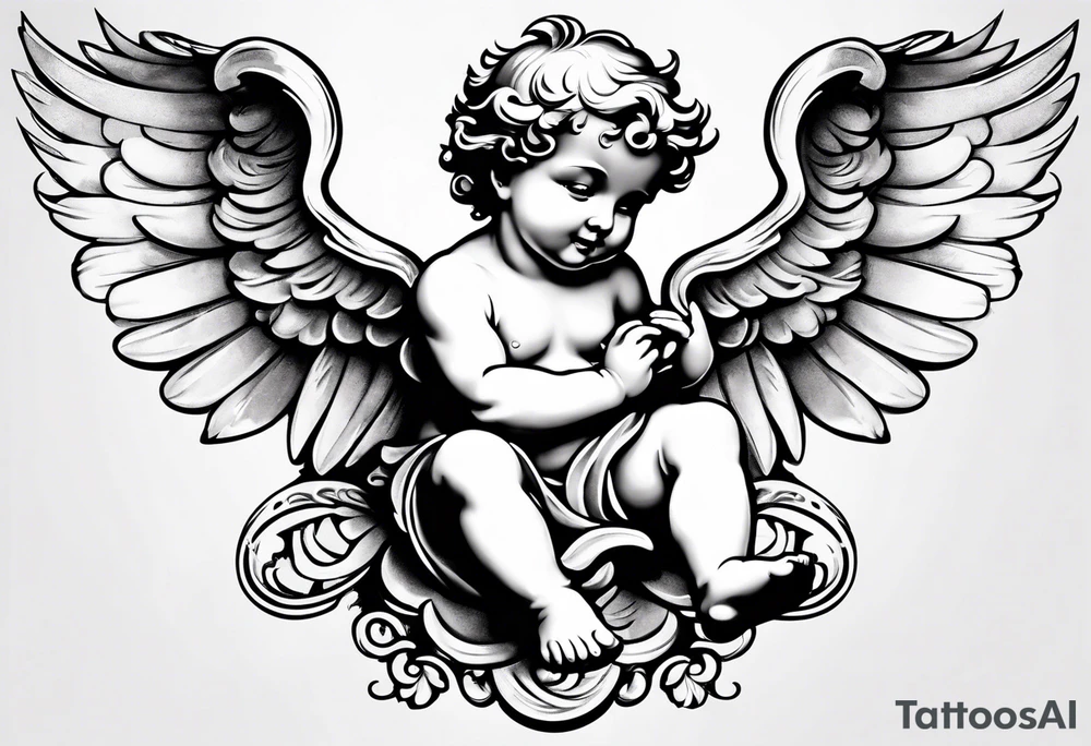 one putti with wings smiling vertical tattoo idea