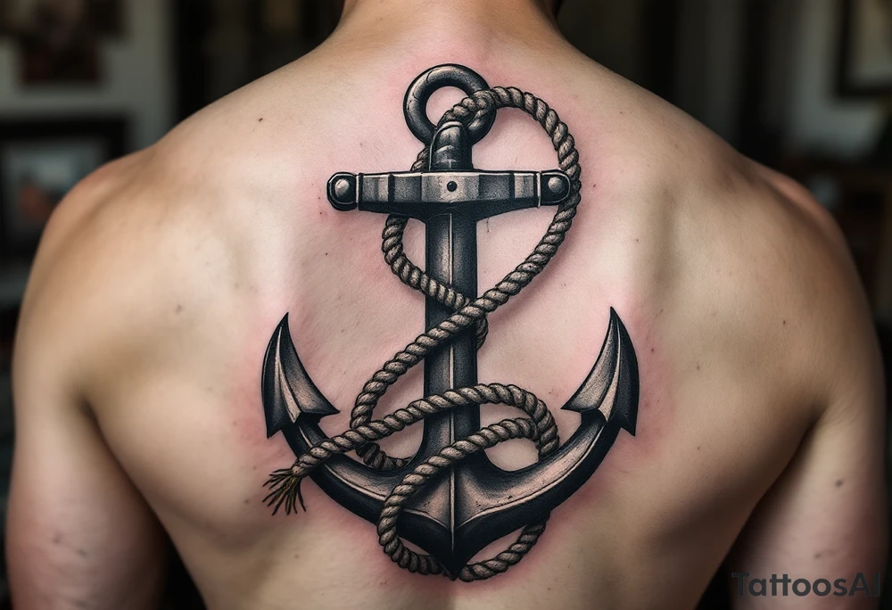 weathered anchor wrapped in nautical rope with sea waves tattoo idea