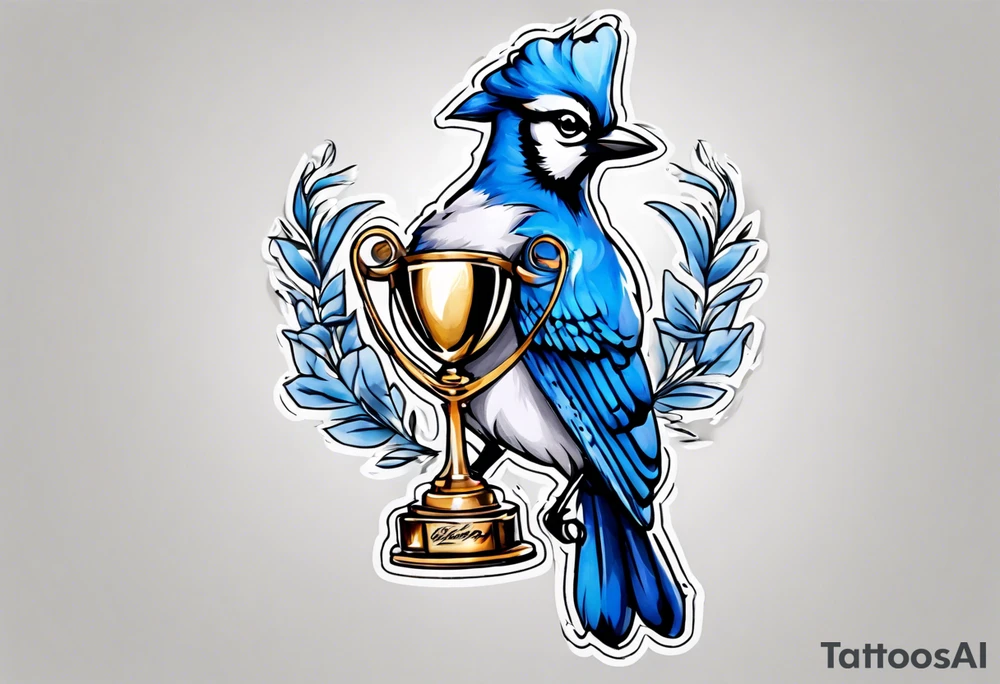 Bluejay wearing a headband and holding a trophy tattoo idea
