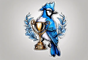 Bluejay wearing a headband and holding a trophy tattoo idea