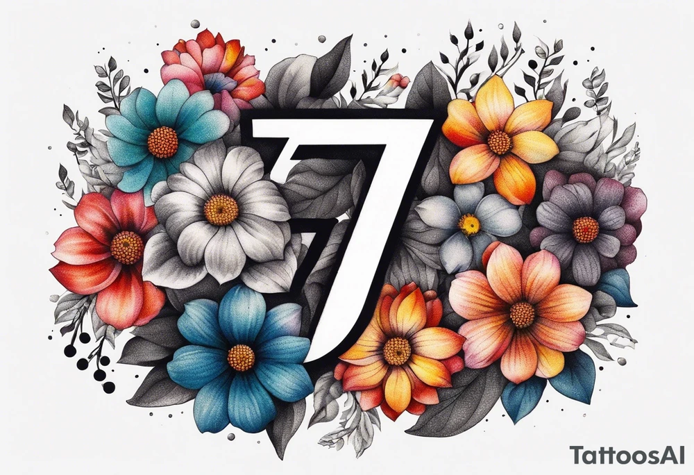The number seven surrounded by colorful flowers tattoo idea