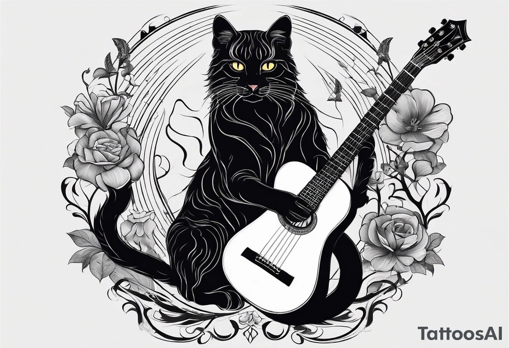 Black Cat and gray Tiger cat playing a guitar with two necks. tattoo idea