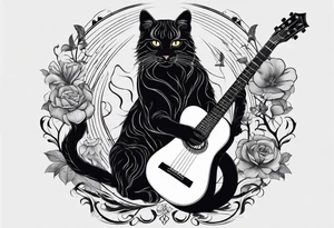 Black Cat and gray Tiger cat playing a guitar with two necks. tattoo idea