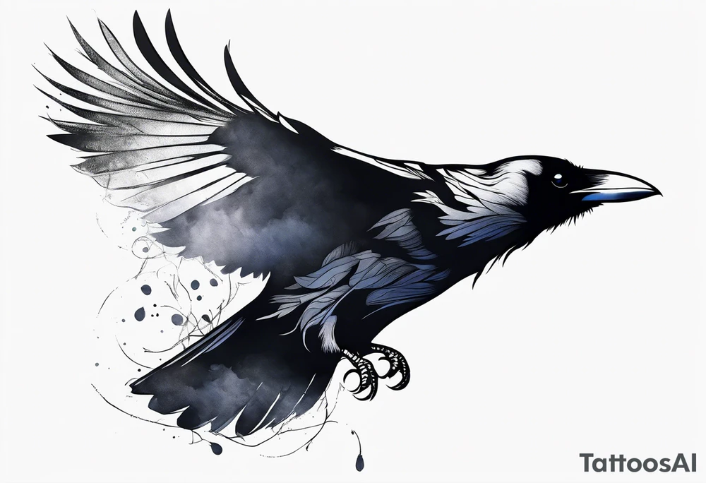 Raven in flight, upsidedown, knowing, light behind its eyes, ethereal tattoo idea