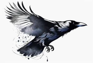 Raven in flight, upsidedown, knowing, light behind its eyes, ethereal tattoo idea