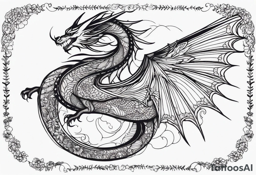 Dragon wings spread floral print on wings tattoo idea