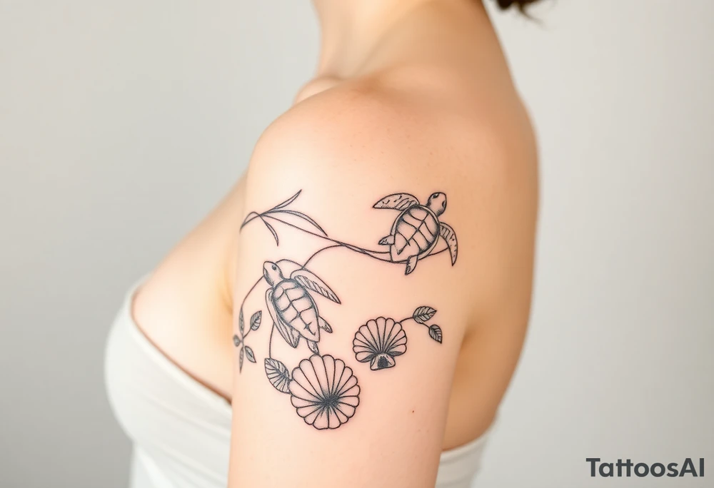 A delicate tattoo design inspired by the fine-line style of @aestet.ink, tailored for a female figure. The design flows from the base of the neck, over the shoulder, and wraps around the upper arm, with two turtles placed prominently on the upper arm. The composition emphasizes a minimalist beach theme, featuring soft, flowing wave patterns, palm leaves, and seashells. Hidden within the design are personal symbols: a TTR50 Yamaha motorbike, initials 'C' and 'K', a moon and sun, a small monster truck, a kangaroo paw (for Mum), a small packet of lollies (for Dad), a Holden Kingswood with single round headlights, and three similar shells representing brothers, one shell a different shade representing my brother that passed away, two other shells that are similar representing my sisters. The tattoo has crisp, fine lines, subtle shading, and intricate details, blending natural flow with spiritual symbolism. Displayed on a female figure for accurate placement. HD quality, natural look --ar 1024:1792 tattoo idea