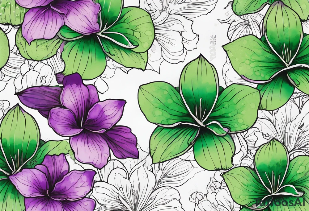 A mystical outline of a green and purple rio dipladenia flower and a green and purple watercolor splash in the background tattoo idea
