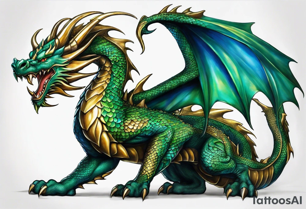 An epic dragon, its body coiling dynamically, with scales and horns detailed to create a sense of movement and strength. The dragon features accents in green, blue, and gold, giving a vibrant depth and a mystical aura. This tattoo highlights the dragon’s fierce expression and sharp claws as it wraps protectively around the leg. Style: Realism tattoo idea