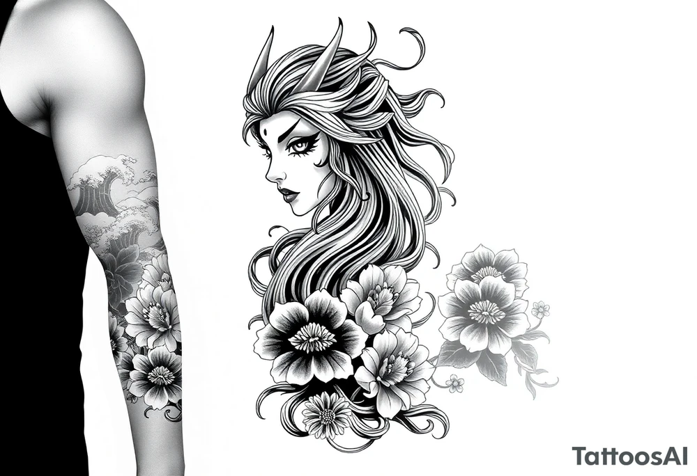 Full sleeve tattoo design for a male arm, wrapping from shoulder to wrist.  featuring a beautiful female oni (demon woman) with an elegant, mysterious expression, one hand partially covering her face, long flowing hair integrated into bold wind bars and wave patterns, large chrysanthemums and peonies weaving through the composition. Strong negative space with large black fills, bold flowing shapes, and smooth grey shading. Traditional Japanese cloud and water motifs in the background, balanced composition with the oni face as the main focal point on the upper arm, seamless flow down the arm to the wrist. High contrast black and grey, crisp linework, dynamic and dramatic. tattoo idea
