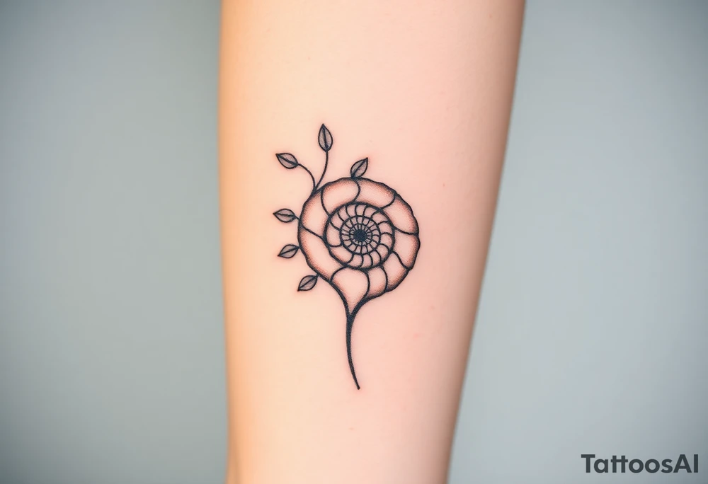 Fibonacci spiral shell inside of tree with leaves tattoo idea