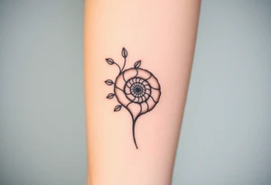 Fibonacci spiral shell inside of tree with leaves tattoo idea