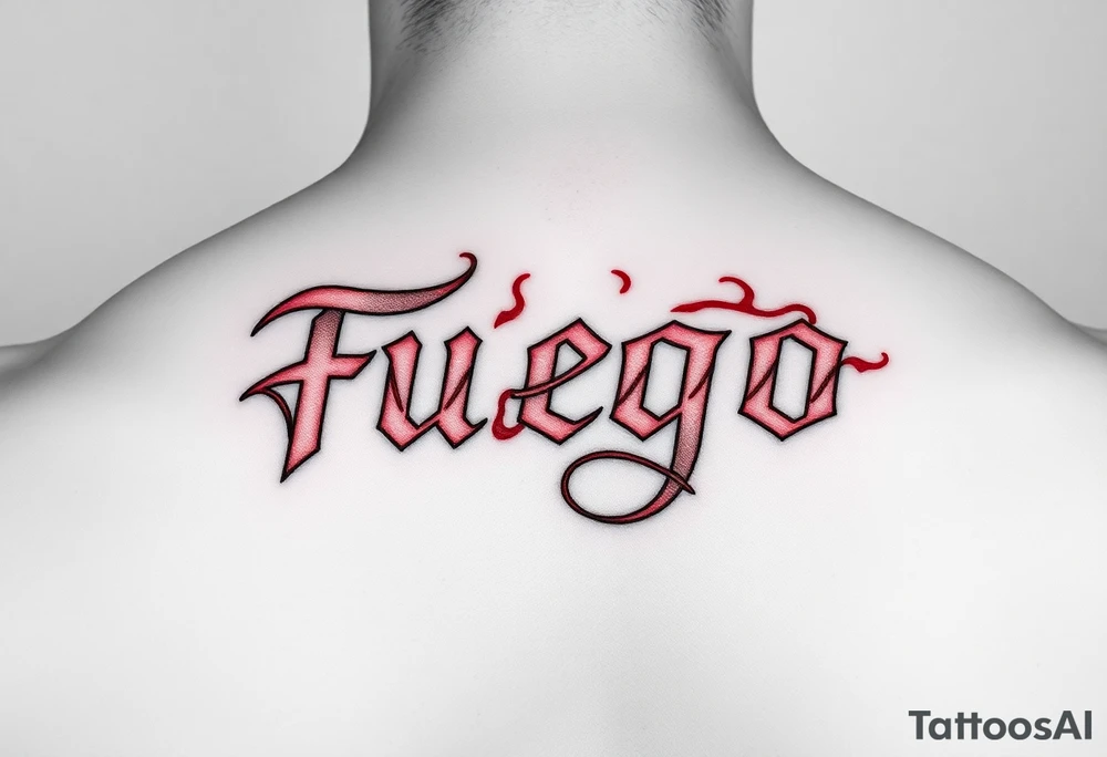 The word Fuego as a small lower back tattoo in red letters tattoo idea